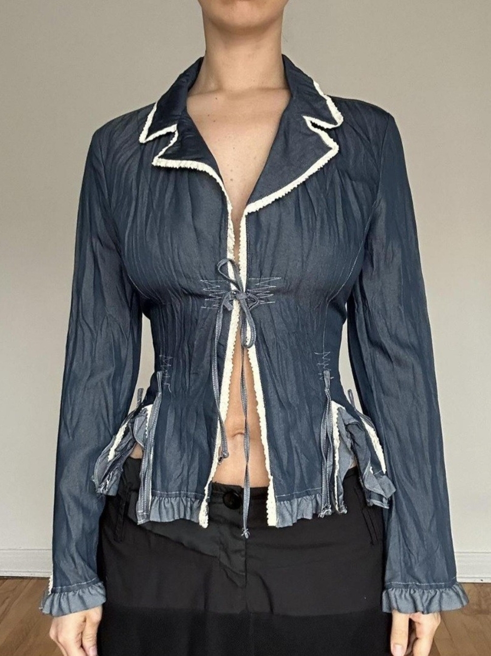 Tie-Front Navy Blue Ruffle-Trim Blouse